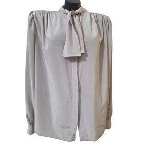 Vintage St. John Tie Neck Blouse Silver Gray 14 Long Sleeve Hidden Buttons C20.4
